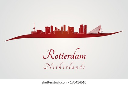 Rotterdam skyline in red and gray background in editable vector file