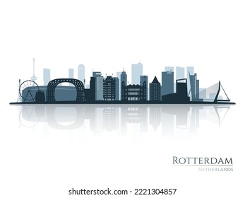 Rotterdam skyline silhouette with reflection. Landscape Rotterdam, Netherlands. Vector illustration.