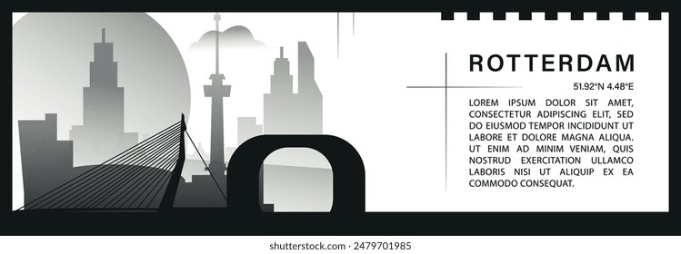 Anuncio de Vector del horizonte de Rotterdam, silueta minimalista del paisaje urbano en blanco y negro. Países Bajos, Holanda ciudad Horizontal gráfico, infografía de viajes, diseño monocromo para el Sitio web