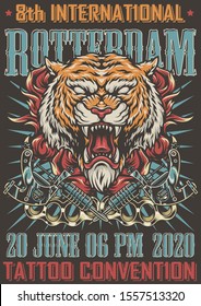 Rotterdam tattoo convention colorful poster with angry cruel tiger head in fire crossed tattoo machines and brass knuckles in vintage style vector illustration