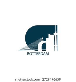 Rotterdam vector icon with skyline, panoramic view, outlook shape. Netherlands city landmarks logo concept. Flat isolated graphic, badge