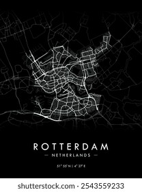 Rotterdam vector map in dark theme. Detailed map of Rotterdam in Netherlands. Best free vector illustration. Tourist decorative street map.