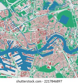 Rotterdam vector map. Detailed map of Rotterdam city administrative area. Cityscape panorama. Royalty free vector illustration. Outline map with buildings, water, forest. Tourist decorative road map.