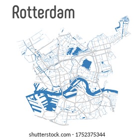 Rotterdam vector map with river, channels, main roads, bridges. Grey background, administrative urban borders.