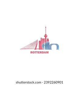 Rotterdam watercolor cityscape skyline city panorama vector flat modern logo, icon. Netherlands, Holland megapolis emblem concept with landmarks and building silhouettes. Isolated graphic