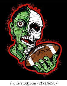 rotting zombie mascot holding football
for halloween game or tournament