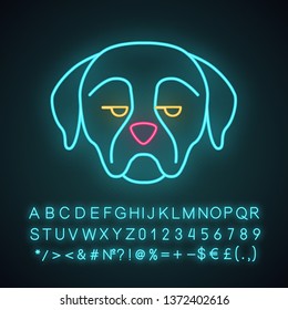 Rottweiler cute kawaii neon light character. Dog with unamused muzzle. Animal with eyes looking to side. Funny emoji, emoticon. Glowing icon, alphabet, numbers, symbols. Vector isolated illustration