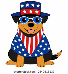 Rottweiler dog in 4th of July disguise celebrating independence day USA , wearing American flag pattern cape, uncle Sam hat and sunglasses. Vector colorful illustration on a white background.