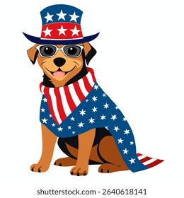 Rottweiler dog in 4th of July disguise celebrating independence day USA , wearing American flag pattern cape, uncle Sam hat and sunglasses. Vector colorful illustration on a white background.