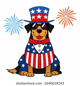 Rottweiler dog in 4th of July disguise celebrating independence day USA , wearing American flag pattern cape, uncle Sam hat and sunglasses. Vector colorful illustration on a white background.