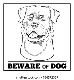 Rottweiler dog and beware sign isolated on white background. Purebred watchdog head hand drawn sketch.