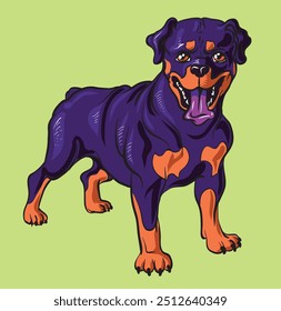 Rottweiler dog isolated on the green background which could be changed. A small purebred rottweiler standing on its four paws with and opened mouth and a tongue outside faces the viewer