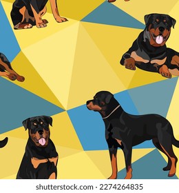 Rottweiler dog on a mosaic geometric background. Funky, colorful vibe, rainbow colors palette. Simple, clean, modern texture. Geometric, polygon style. Summer seamless pattern with dogs.Triangles.