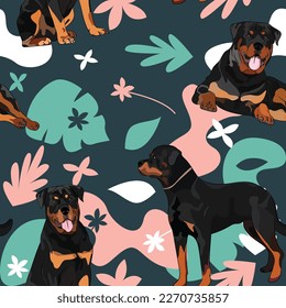 Rottweiler dog wallpaper with leaves, palms, flowers, plants. Pastel green, pink, navy. Holiday abstract natural shapes. Seamless floral background with dogs, repeatable pattern. Birthday wallpaper. 