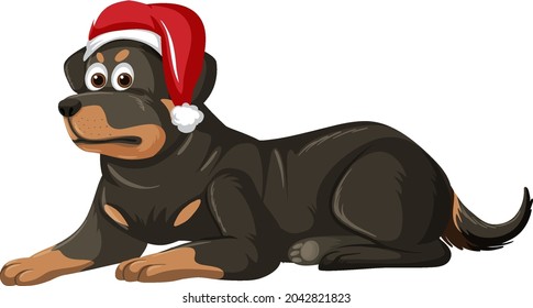 Rottweiler dog wearing Christmas hat cartoon character  illustration