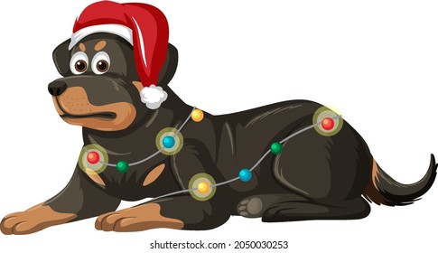 Rottweiler dog wearing Christmas hat cartoon character  illustration