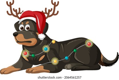 Rottweiler dog wearing Christmas hat cartoon character illustration