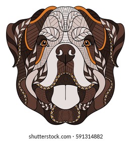 Rottweiler dog zentangle, doodle stylized head, hand drawn, pattern. Zen art. Ornate vector. Color vector illustration on white background. 