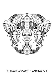 Rottweiler dog zentangle stylized head. Freehand vector illustration. Print for POD sites and coloring books.

