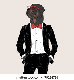 rottweiler dressed up in tuxedo, anthropomorphic illustration, fashion animals