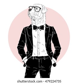 rottweiler dressed up in tuxedo, anthropomorphic illustration, fashion animals