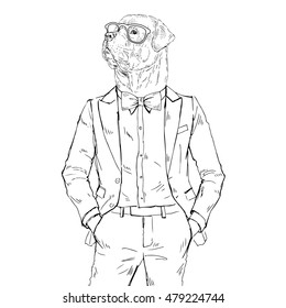 rottweiler dressed up in tuxedo, anthropomorphic illustration, fashion animals