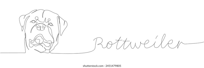 Rottweiler, guard dog, service dog, dog breed, companion dog one line art. Continuous line drawing of friend, doggy, friendship, pet, animal, family, canine with inscription, lettering, handwritten.