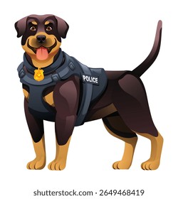 Rottweiler police dog wearing a police vest with a badge, a powerful and dedicated K9 officer. Vector cartoon illustration