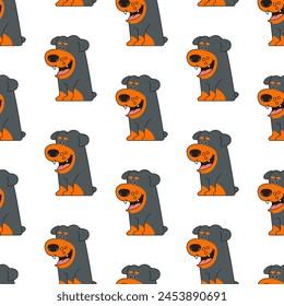 Rottweiler puppy vector cartoon seamless pattern background.