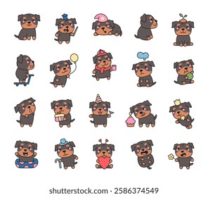 Rottweiler set with adorable cartoon kawaii characters expressing various emotions, holding accessories, enjoying food, wearing hats, playing, and interacting in cute and charming poses