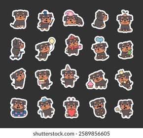 Rottweiler set with adorable cartoon kawaii characters expressing various emotions, holding accessories, enjoying food, wearing hats, playing, and interacting in cute and charming poses