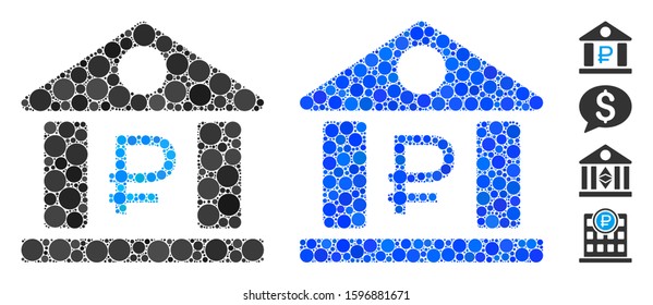 Rouble bank building composition of filled circles in different sizes and color tints, based on rouble bank building icon. Vector random circles are composed into blue collage.