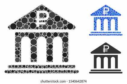 Rouble bank building composition of round dots in variable sizes and shades, based on rouble bank building icon. Vector round dots are united into blue collage.