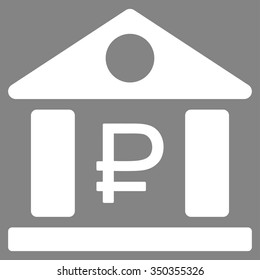 Rouble Bank Building vector icon. Style is flat symbol, white color, rounded angles, gray background.