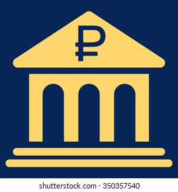 Rouble Bank Building vector icon. Style is flat symbol, yellow color, rounded angles, blue background.