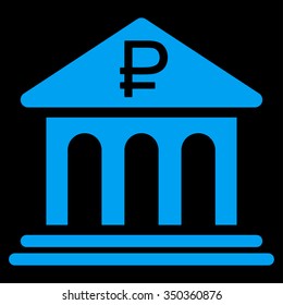 Rouble Bank Building vector icon. Style is flat symbol, blue color, rounded angles, black background.