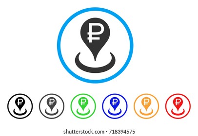 Rouble Bank Location rounded icon. Style is a flat rouble bank location grey symbol inside light blue circle with black, gray, green, blue, red, orange versions.