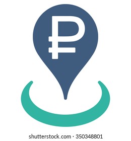 Rouble Bank Location vector icon. Style is bicolor flat symbol, cobalt and cyan colors, rounded angles, white background.