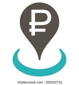 Rouble Bank Location vector icon. Style is bicolor flat symbol, grey and cyan colors, rounded angles, white background.