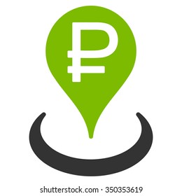 Rouble Bank Location vector icon. Style is bicolor flat symbol, eco green and gray colors, rounded angles, white background.