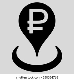 Rouble Bank Location vector icon. Style is flat symbol, black color, rounded angles, light gray background.