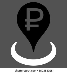 Rouble Bank Location vector icon. Style is bicolor flat symbol, black and white colors, rounded angles, gray background.