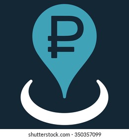 Rouble Bank Location vector icon. Style is bicolor flat symbol, blue and white colors, rounded angles, dark blue background.
