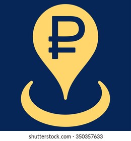 Rouble Bank Location vector icon. Style is flat symbol, yellow color, rounded angles, blue background.