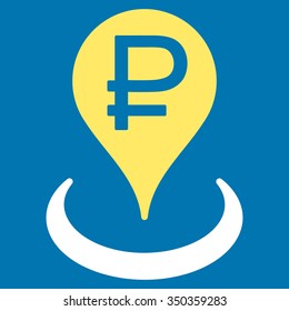 Rouble Bank Location vector icon. Style is bicolor flat symbol, yellow and white colors, rounded angles, blue background.