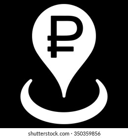 Rouble Bank Location vector icon. Style is flat symbol, white color, rounded angles, black background.