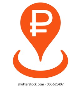 Rouble Bank Location vector icon. Style is flat symbol, orange color, rounded angles, white background.