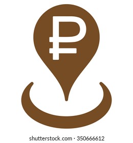 Rouble Bank Location vector icon. Style is flat symbol, brown color, rounded angles, white background.