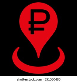 Rouble Bank Location vector icon. Style is flat symbol, red color, rounded angles, black background.
