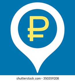 Rouble Bank Marker vector icon. Style is bicolor flat symbol, yellow and white colors, rounded angles, blue background.